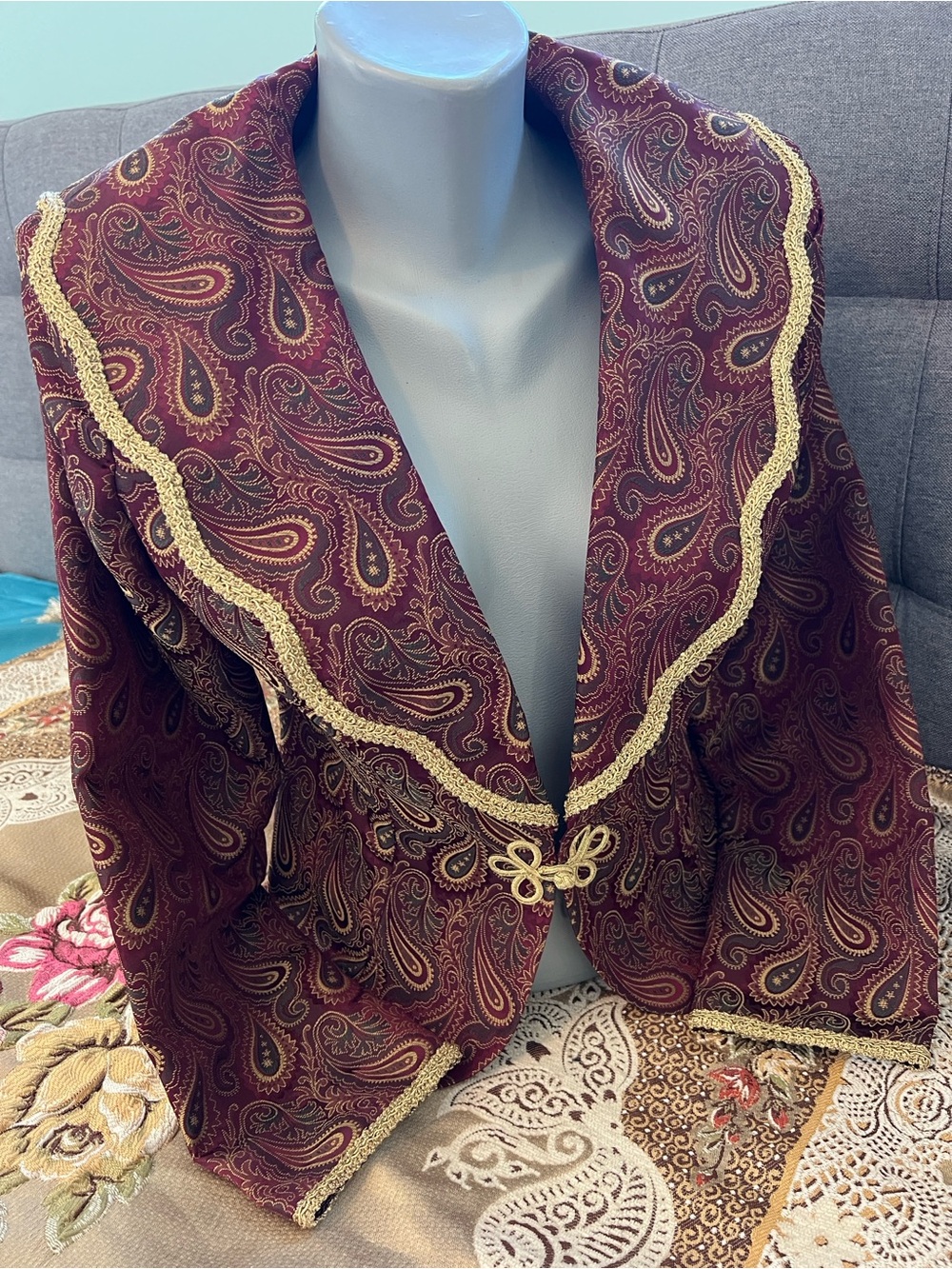 Vintage 1980’s In the Mood Paisley-Print Burgundy Blazer with Gold Trim